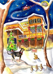 Goog, Dog, Winter, Christmas, Watercolor Painting, Card Illustration, Defiance MO, Dog Birthday, Chipmonk racoons, small animals in snow, Santa on sleigh